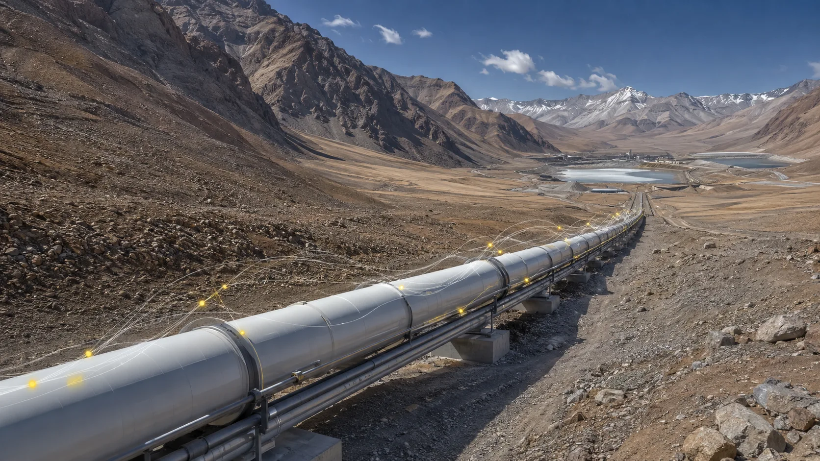 Pipeline running through mountainous terrain with yellow fiber optic sensing nodes installed along the duct for distributed acoustic monitoring