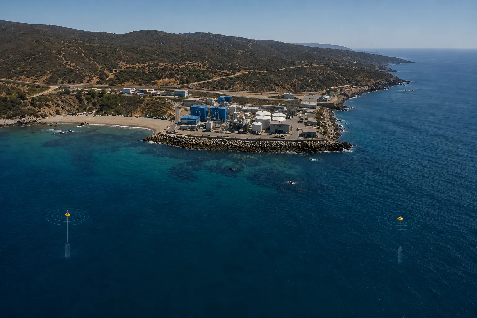 Aerial view of a coastal desalination plant at sea with two marine monitoring sensors — one at the water intake point and one at the output discharge area — visible in the ocean