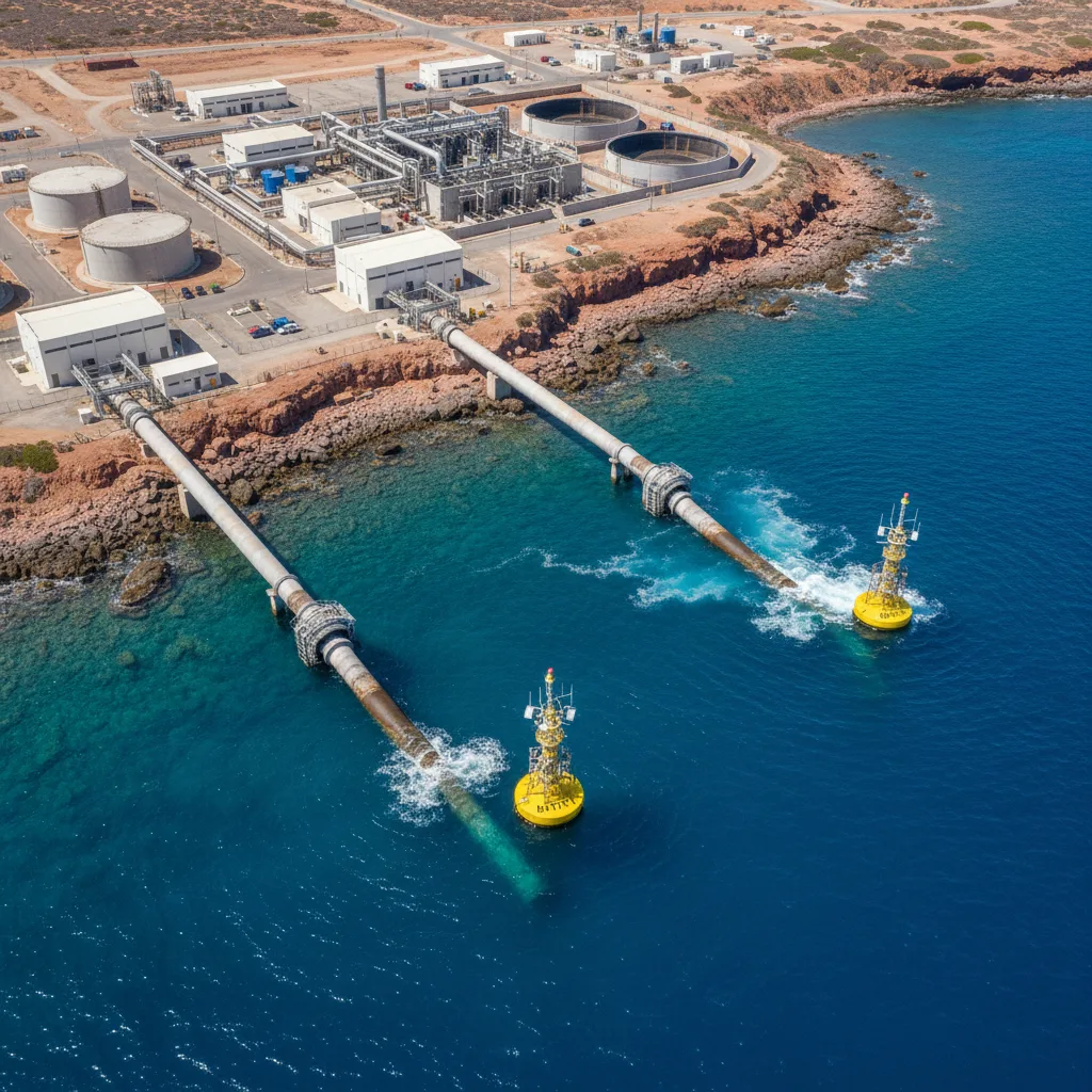 Vista aérea de planta desaladora costera en el mar con dos boyas de sensores de monitoreo marino, una en captación y otra en entrega de agua