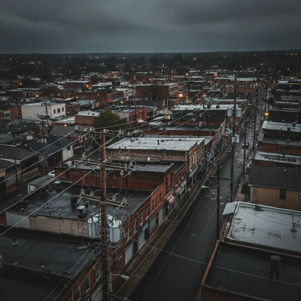 Aerial view of urban medium-voltage electrical distribution network with wooden utility poles, transformers and power lines forming a grid pattern across city streets